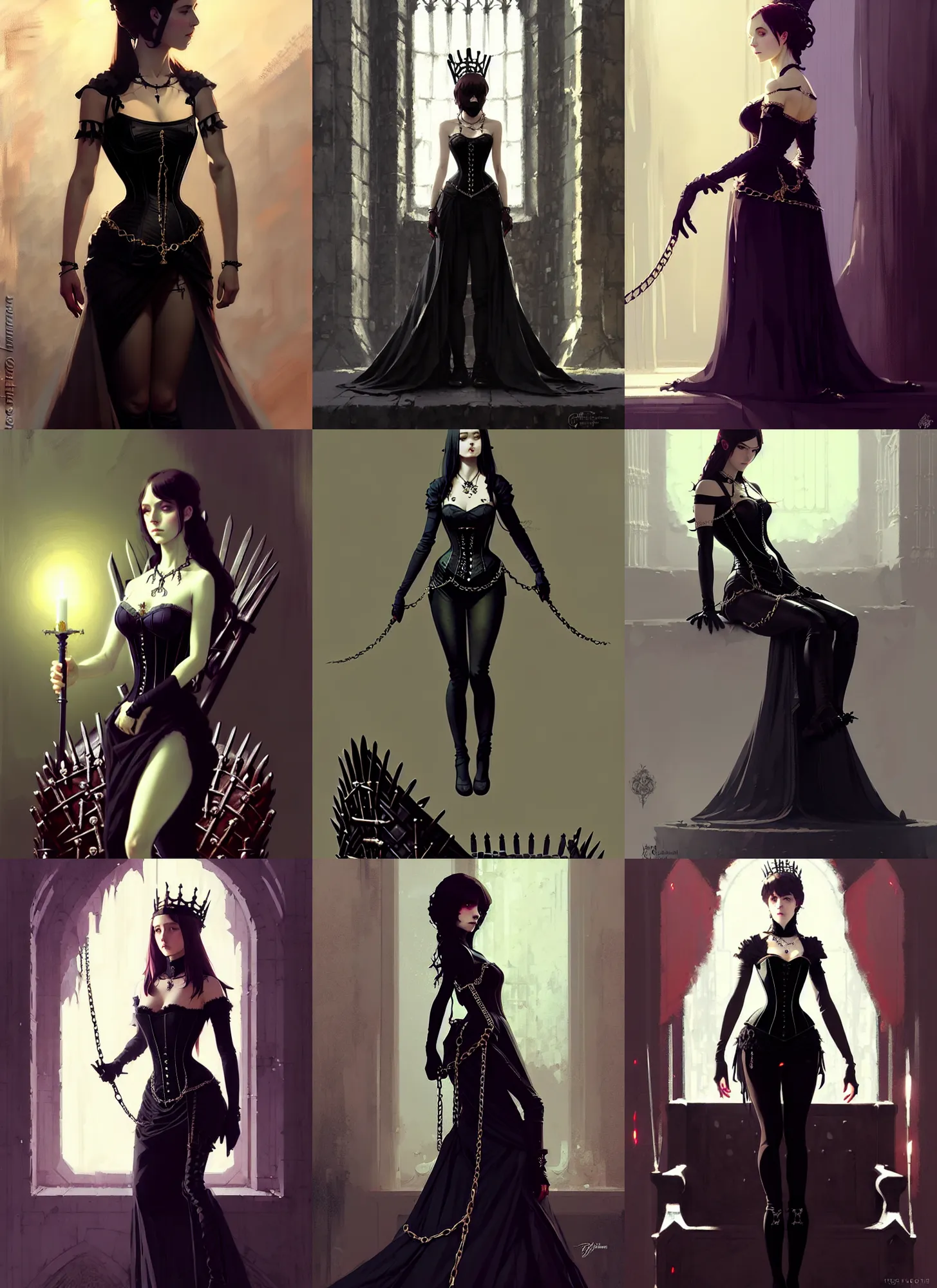 Prompt: an elegant beautiful gothic princess, very tight corset, chains, iron throne, full body, style of ilya kuvshinov and greg rutkowski, masterpiece, very high quality, intricate, high resolution