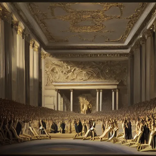 Image similar to full lenght sci-fi cars in the coronation of napoleon painting by Jacques-Louis David and point cloud in the middle and everything in form of zaha hadid architects artwork by caravaggio unreal engine 5 keyshot octane lighting ultra high detail ultra hyper realism 8k 16k in plastic dark tilt shift full-length view