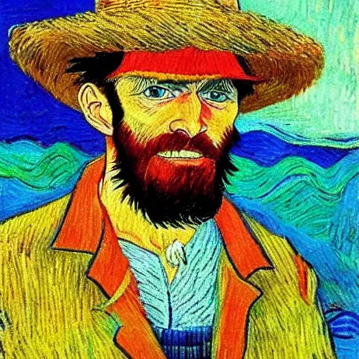 Prompt: straw hat luffy in the style of Vincent Van Gogh, portrait, seaside