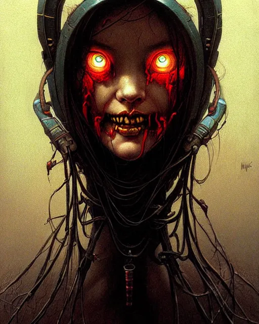 Image similar to d. va from overwatch, character portrait, portrait, close up, concept art, intricate details, highly detailed, horror poster, horror, vintage horror art, realistic, terrifying, in the style of michael whelan, beksinski, and gustave dore