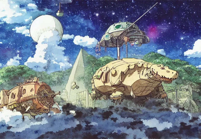 Image similar to a hyperrealist watercolor concept art from a studio ghibli film showing a giant mechanized crocodile from howl's moving castle ( 2 0 0 4 ). a pyramid is under construction in the background, in the rainforest on a misty and starry night. a ufo is in the sky. by studio ghibli