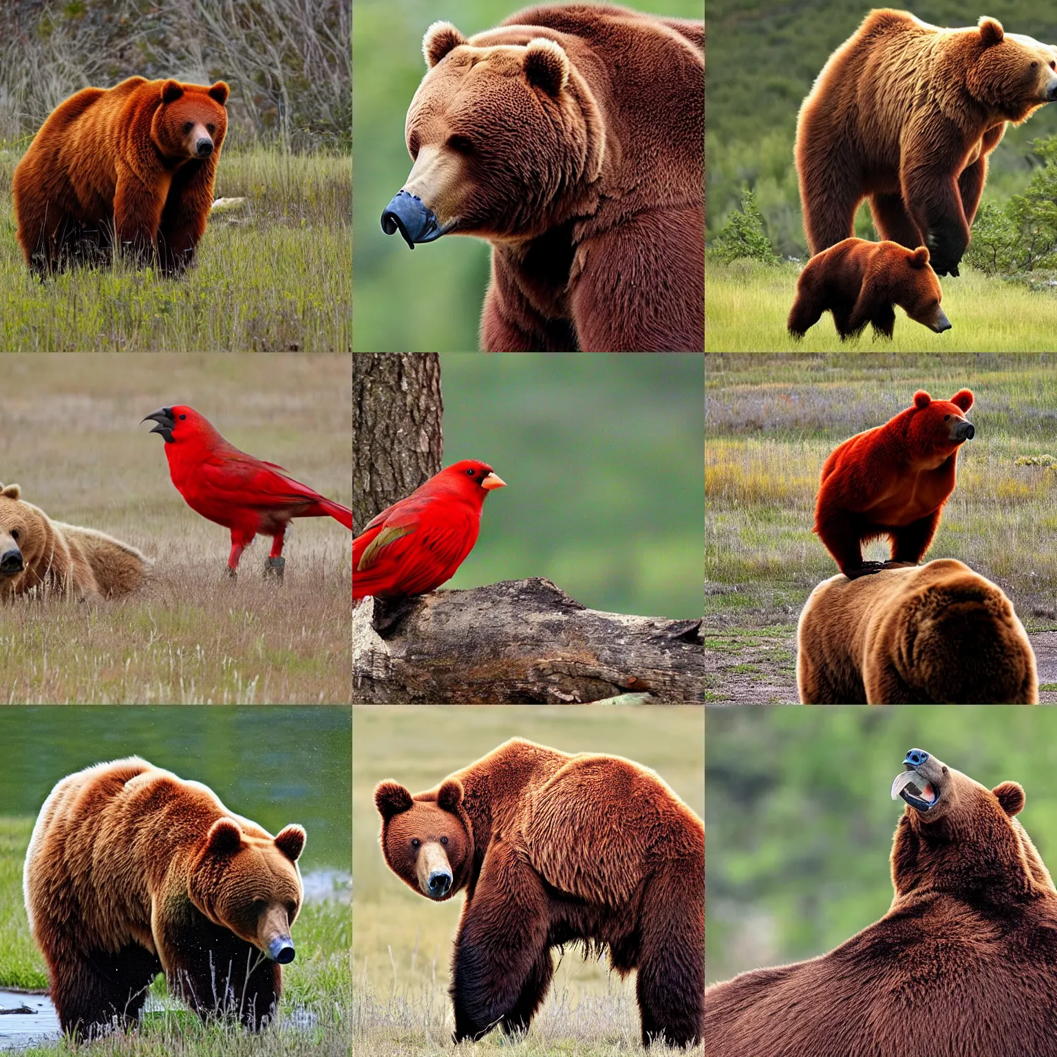 Prompt: a red bird on the back of a brown bear