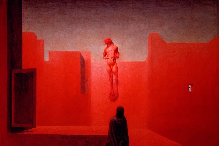 Image similar to only with red, caesar after win war, the deal, a red tiger, in hoc signo vinces, rome in background, an ancient path, in the style of beksinski, part by hopper, part by rodcenko, part by hofbauer, intricate composition, red by caravaggio, insanely quality, highly detailed, masterpiece, red light, artstation