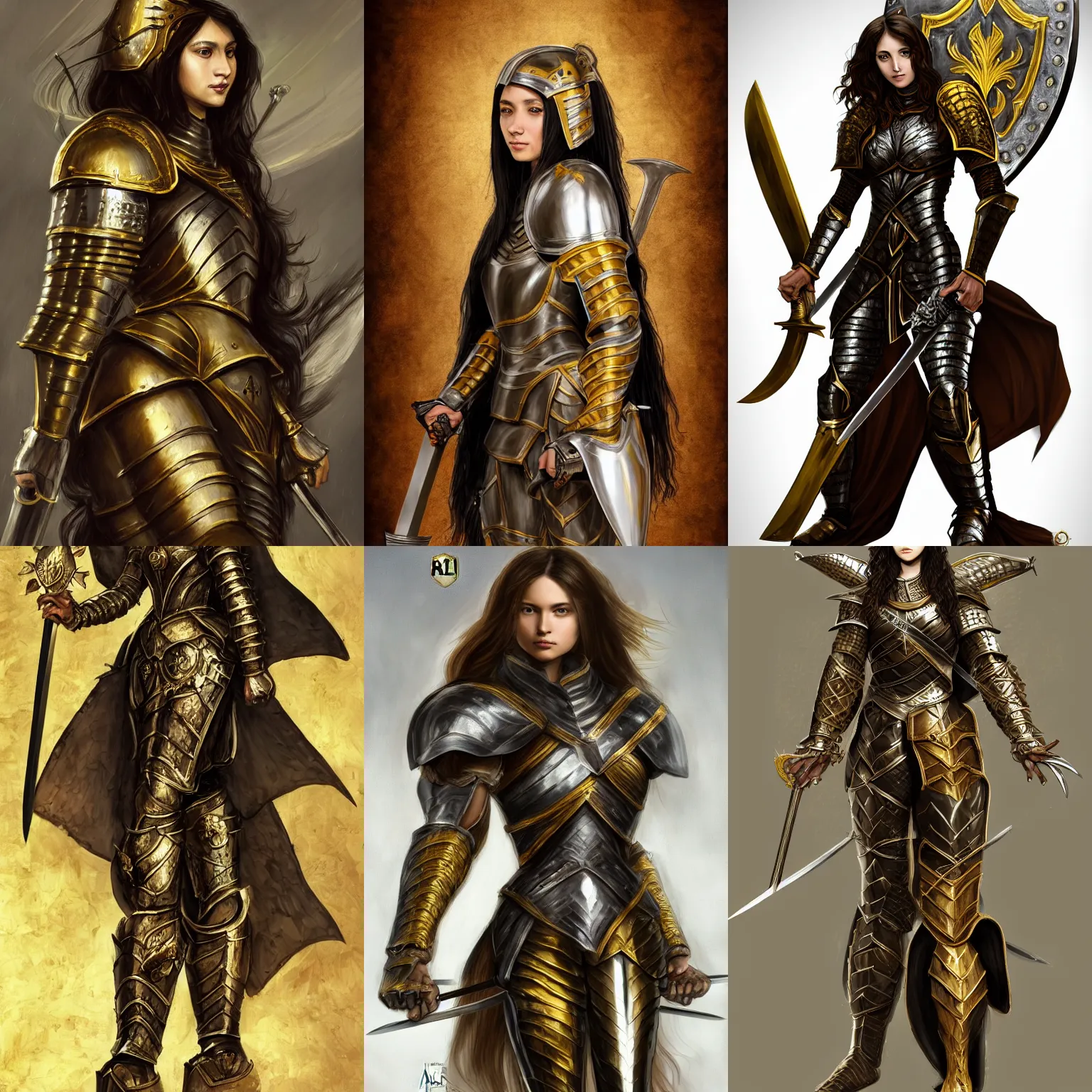 Prompt: Gorgeous Lady in heavy armor, sword and shield in hands, Black and gold armor, metallic, long messy brown hair, latina skin, tall, full body view, by Frank Franzzeta, by Leonardo Da Vinci, high fantasy, ornamental, symmetry, trending on Artstation, ArtstationHD, artstationHQ, cgsociety