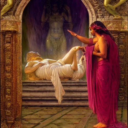 Image similar to 8 0 s srilankan old cunning man worshipping woman as false prophet prophet, painting by gaston bussiere, craig mullins, j. c. leyendecker, lights, art by ernst haeckel, john william godward, hammershøi,,