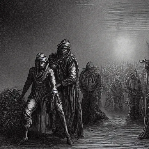 Image similar to nine steel barrels in a graveyard with 2 zombies, creepy atmosphere, dark, portrait, realistic, very realistic, illustration by gustave dore