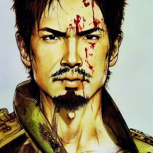 Image similar to portrait of a hero holding his sword in front of his face by yoji shinkawa, high quality, extra details, realism, ornate, colored, golden chain, blood, white skin, short hair, brown eyes, vivid, sunlight, dynamic, american man, freedom, white american soldier, pencil art