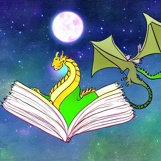 Image similar to dragon reading book under the stars, digital art