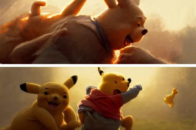 Prompt: winnie the pooh vs pikachu, fist fight, detailed faces, putin face, in battle by anders zorn, wonderful, masterpiece by greg rutkowski, beautiful cinematic light, by greg manchess, jessica rossier