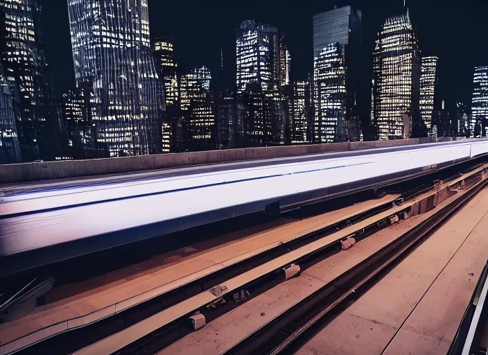 Prompt: futuristic metro train drives on overpass bridge over busy nyc street at night, cinematic lighting, still photo