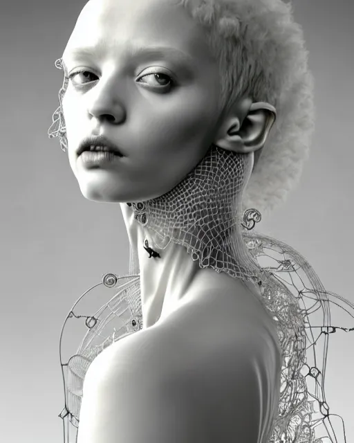 Image similar to dreamy soft luminous bw 3 d octane render, beautiful spiritual angelic biomechanical albino girl cyborg with a porcelain profile face, very long neck, rim light, big leaves and stems, roots, fine foliage lace, alexander mcqueen, art nouveau fashion embroidered collar, steampunk, silver filigree details, hexagonal mesh wire, mandelbrot fractal, elegant