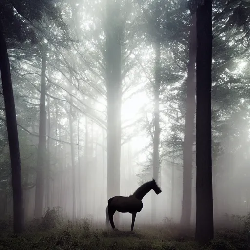 Image similar to a totem horse in the middle of a forest, foggy ambience, god rays.