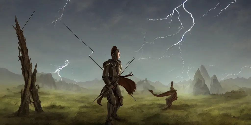 Prompt: lighting strike\'s archers arrow in the sky , fantasy world, realistic, sci-fi, landscape, character design, concept art,