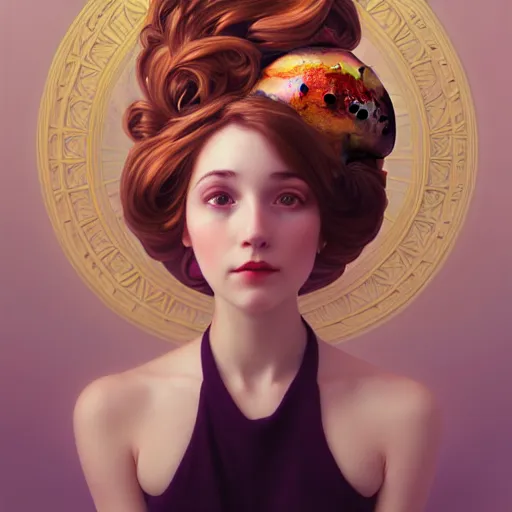 Prompt: portrait of a girl with a bundt cake on her head, digital art, cinematic, concept art, 8k, painting, imaginefx, cgsociety, art nouveau, Alphonse Mucha, trending on artstation, wide shot, full shot