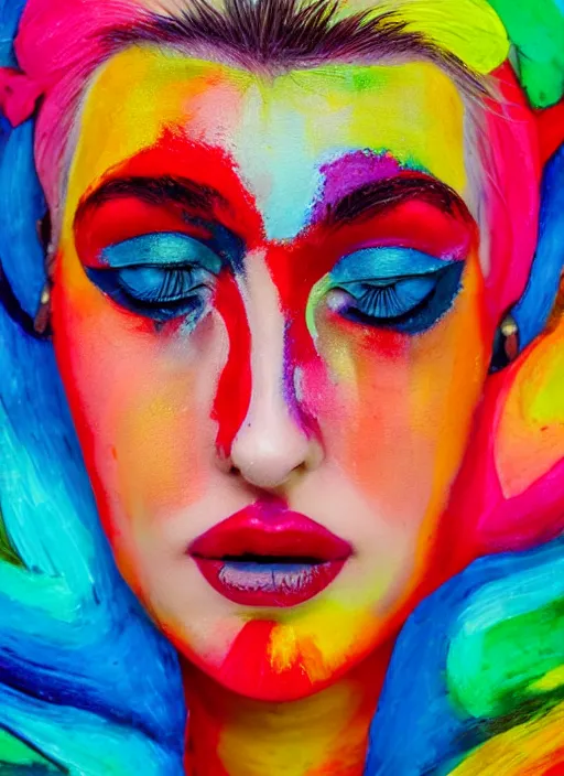 Prompt: close up of a person's face with colorful makeup, an ultrafine detailed painting by paul bodmer, featured on unsplash, neo - fauvism, vivid colors, unsplash hd, fauvism