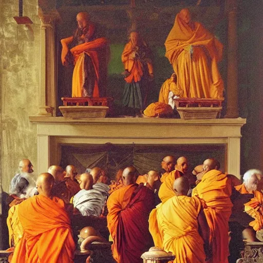 Image similar to hindu monks on greek senete baroque painting, lionardo davinchi