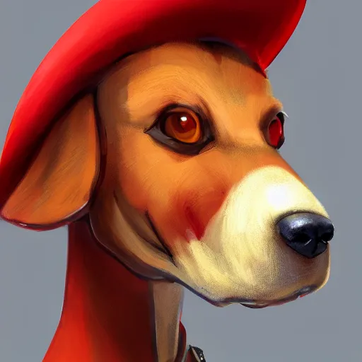 Image similar to Portrait painting of a antropormophic Red Dog using a communist red beret as an Overwatch character, medium shot, asymmetrical, profile picture, Organic Painting, sunny day, Matte Painting, bold shapes, hard edges, street art, trending on artstation, by Huang Guangjian and Gil Elvgren and Sachin Teng