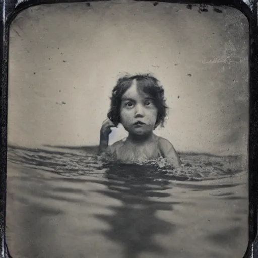 Prompt: tintype photo, swimming deep underwater, kid with huge head