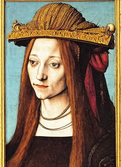 Prompt: portrait of young woman in renaissance dress and renaissance headdress, art by albrecht durer