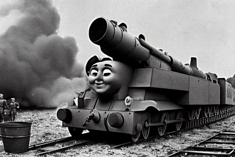 Prompt: WW2 era photograph, the face of Thomas the tank engine attached to a 800mm German super-heavy-mortar with a huge gun barrel firing a shot upwards, there are german soldiers running around, grainy, high detail