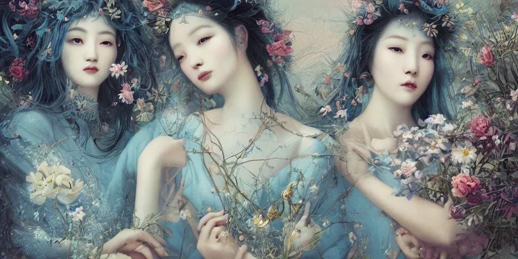 Prompt: breathtaking detailed concept art painting portrait of two goddess of light blue flowers by hsiao - ron cheng, carroty hair, orthodox saint, with anxious piercing eyes, vintage illustration pattern background with bizarre compositions blend of flowers and fruits and birds by beto val and john james audubon, exquisite detail, extremely moody lighting, 8 k