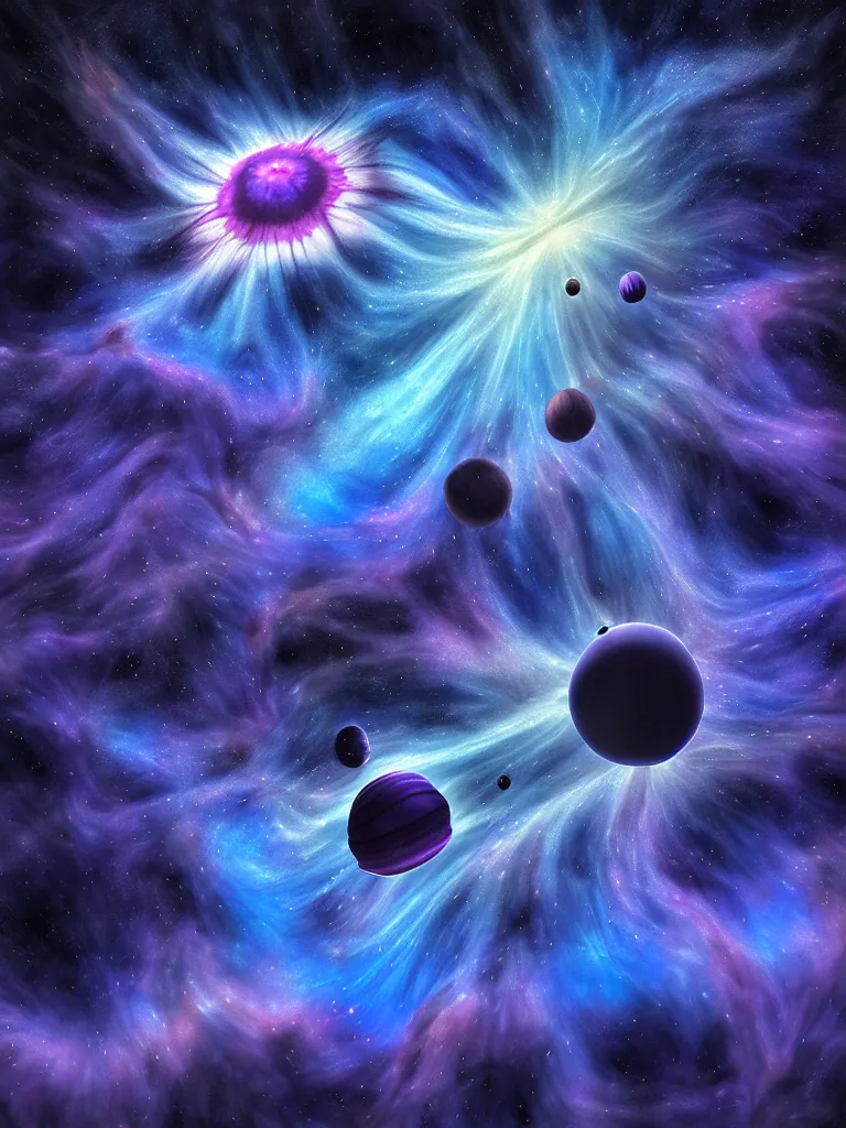 Prompt: black, blue, white, purple papaverum flower, extremely beautiful is floating and merging among many nebula stars, planets, symmetrical composition, by gediminas pranckevicius, jacek yerka, rob gonsalves, peter gric, digital painting, octane rendered, crepuscular rays, neon colors vibrant colors, trending on artstation