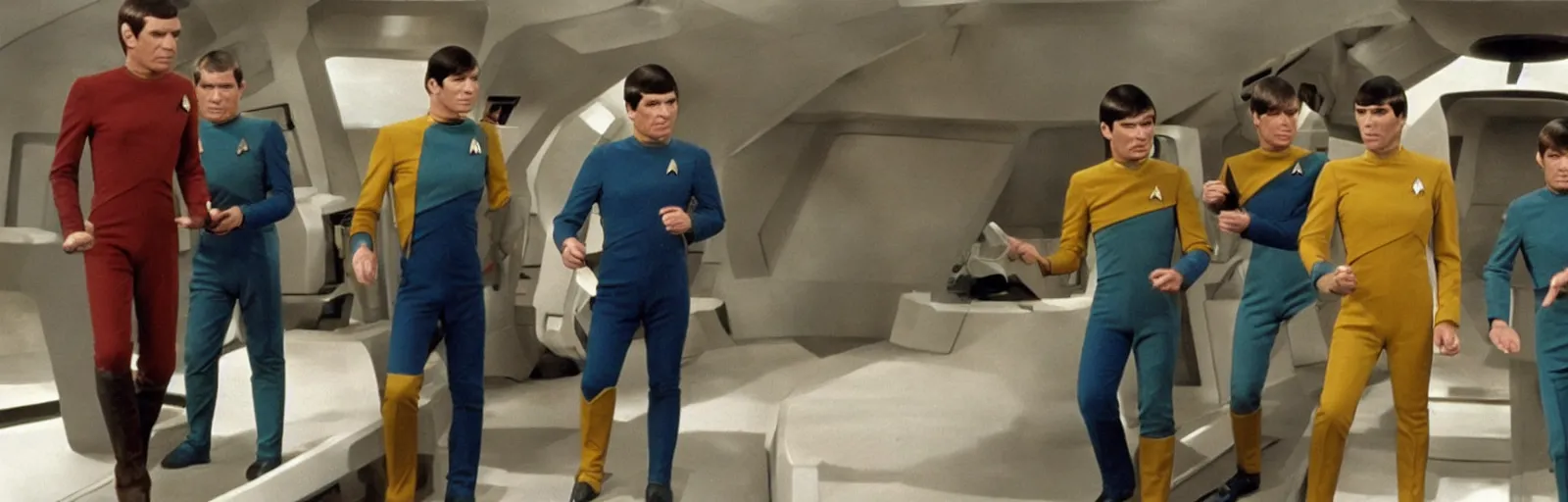 Prompt: a screencap of captain kirk, mr. spock and doctor mccoy on the bridge of the enteprise, in star trek the original series