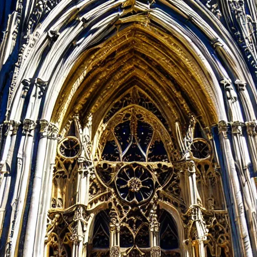 Image similar to a white marble gothic cathedral with mandala windows with sun reflection, golden hour, a gothic girl dressed in black with perfect face