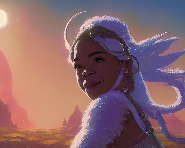 Image similar to highly detailed portrait of regina hall as a moon goddess in breath of the wild, stephen bliss, unreal engine, fantasy art by greg rutkowski, loish, rhads, ferdinand knab, makoto shinkai and lois van baarle, ilya kuvshinov, rossdraws, tom bagshaw, global illumination, radiant light, detailed and intricate environment