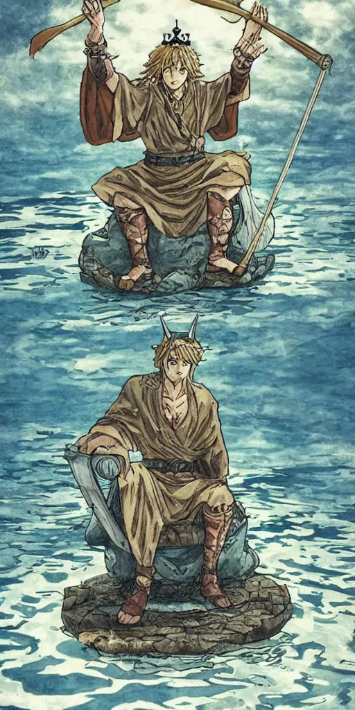 Image similar to a king sitting on a throne floating on water in the middle of a lake drawn by Makoto Yukimura in the style of Vinland saga anime, full color