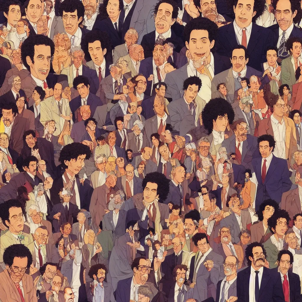 Image similar to highly detailed illustration of all the known species of seinfeld cast, jewish, yiddish, kosher and gentile by juan gatti, by makoto shinkai, by moebius!, by oliver vernon