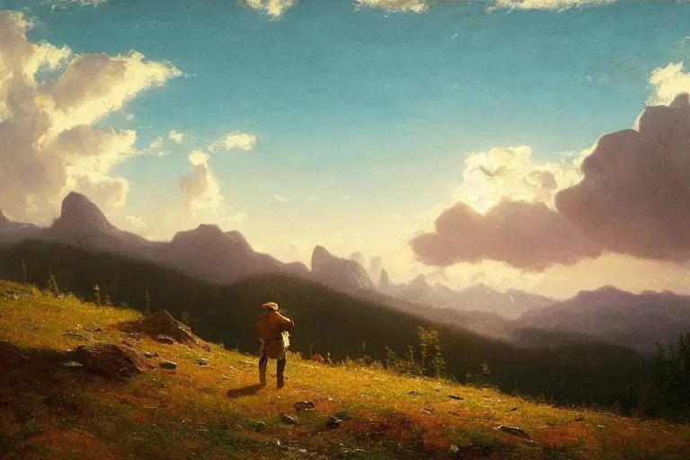 Image similar to a traveler wandering trough the mountains looking at the clouds, very detailed, focused, oil painting, cinematic lighting, albert bierstadt, trending on artstation, colorful, canvas, sunset, hans dahl, theodor kittelsen, hermann hendrich, national geographic, Konstantin Yakovlevich Kryzhitsky, beautiful nature, breathtaking, nordic