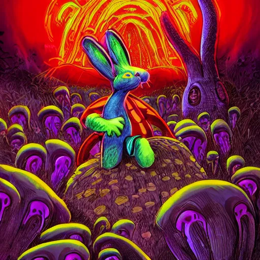 Prompt: 4 k headshot portrait of a psychedelic demonic anthropomorphic bunny rabbit with mushroom themed clothes, magic mushroom village in background by jeff easley, award winning, stylized neon, post - processing, masterpiece, superb resolution. in the art style of junji ito and greg rutkowski. detailed mushroom city in background. hyper realistic anime. perfect art. dalle 2