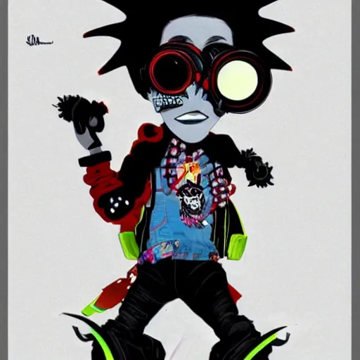 Image similar to a cybergoth guy wearing goggles and eccentric jewelry by jamie hewlett :: full body character concept art, full body, detailed
