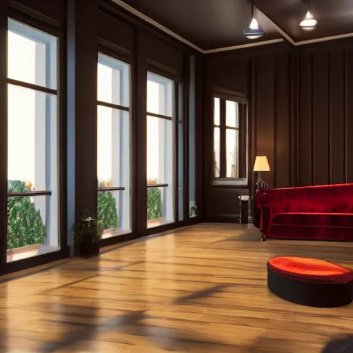 Image similar to A photorealistic music studio, Paris hotel style, red velvet furniture, light rays coming out of the windows, the windows have a view on Paris, raytracing, highly detailed, futuristic, unreal engine 5, photoscanned, photorealistic,