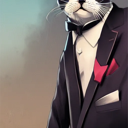 Prompt: cat in suit, manga cover art, detailed color portrait, artstation trending, 8 k, greg rutkowski