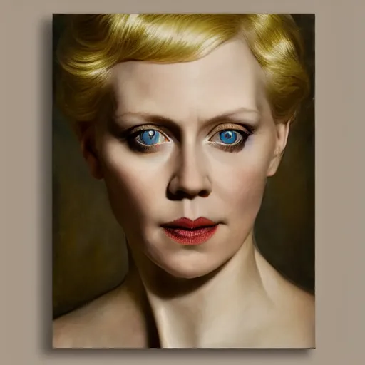 Prompt: exquisite oil painting on canvas of gwendoline christie portraying lucifer, woman's portrait, gorgeous face, goldilocks, porcelain looking skin, intense gaze golden eyes, unique and intricate painting, stunning ivory dress, elegant, majestic, 4 k, ultra high quality, canon, hyperrealist, by annie leibovitz