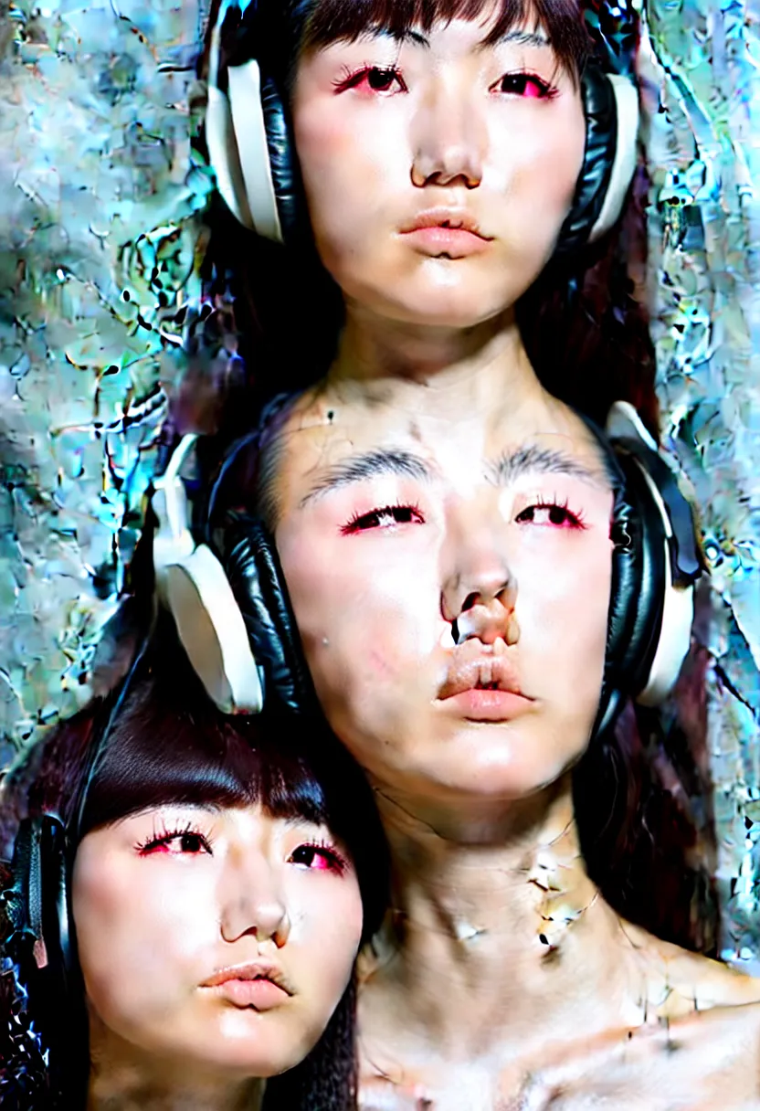 Image similar to headshot, japanese young woman, headphones listening to music, elegant as fashion editorial shot, highly detailed, smooth, sharp focus, photo by vogue