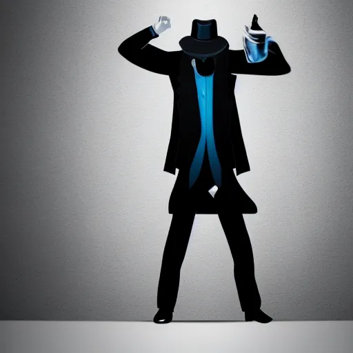 Image similar to mysterious man in black suit and black hat, he has a pistol, smoke, fog, mysterious, 4 k, highly detailed, digital art, strong shadows, high contrast, epic scene, atmospheric, blue colours, surrounded by dark shadows on the wall