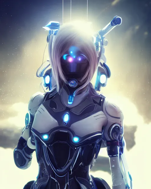 Image similar to perfect android girl on a mothership, warframe armor, beautiful face, scifi, futuristic, galaxy, nebula, raytracing, dreamy, long white hair, blue cyborg eyes, sharp focus, cinematic lighting, highly detailed, artstation, divine, by gauthier leblanc, kazuya takahashi, huifeng huang