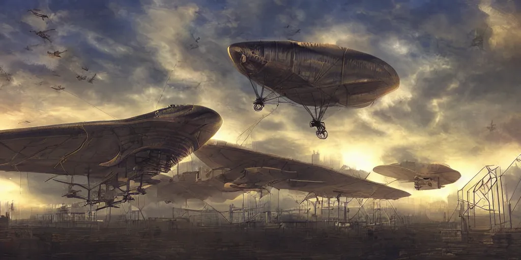 Image similar to Steampunk Air Haven, Zeppelins, digital Art, sunset lighting