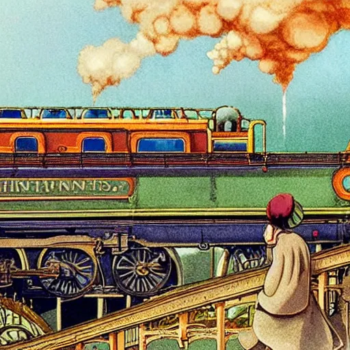 Image similar to a mother is waving her children off as a steam departs from an 18th centaury train station in England. Bright colours, illustrated in the style of François Schuiten, highly detailed, matte painting, illustration, concept art, cinematography