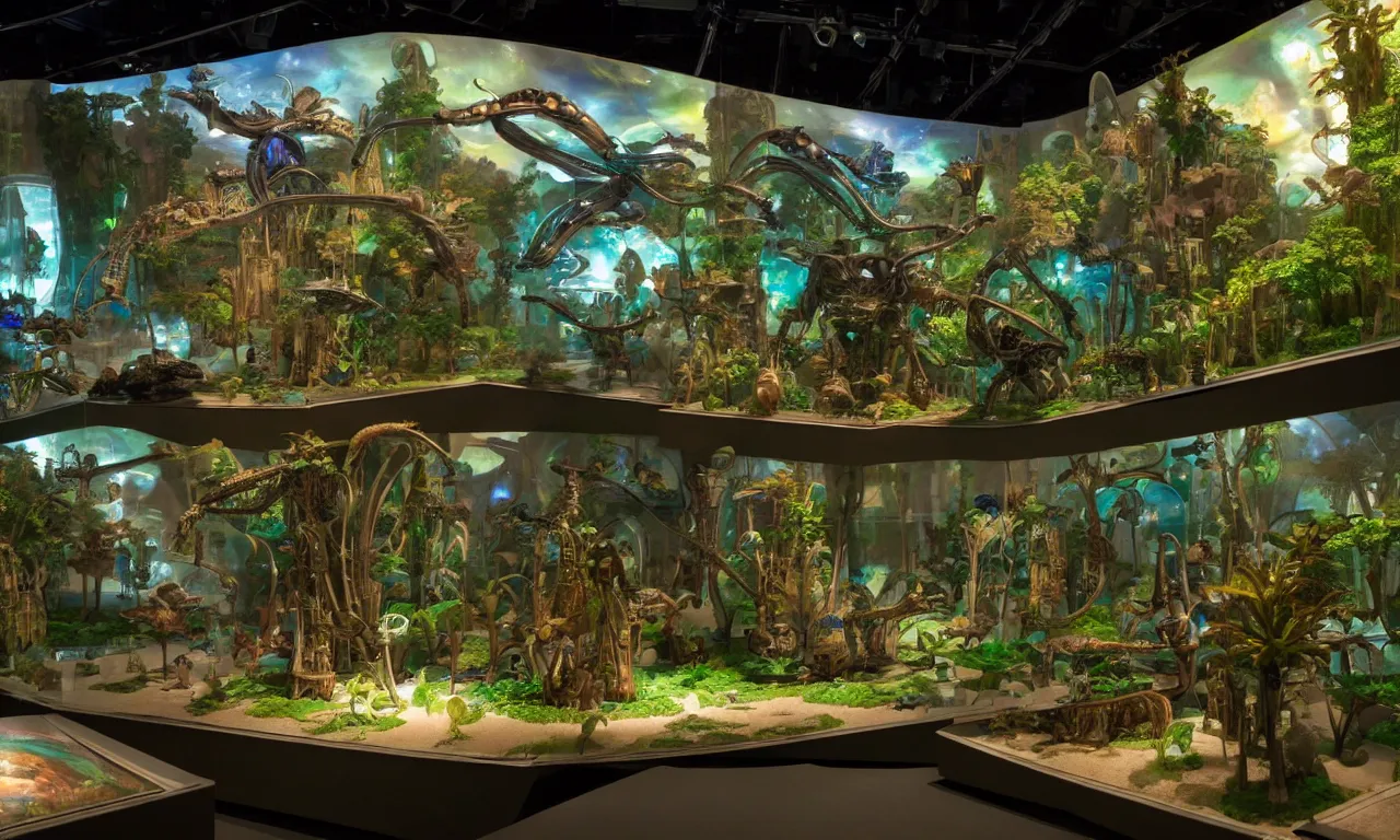 Prompt: exhibition hall of a solarpunk museum of renaissance full of glass showcases with incredibly detailed dioramas of aliens and spaceships, fused into epoxide, high detail, raytracing, back light, raymarching, new movie from digital domain and weta digital