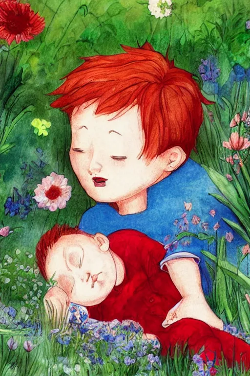 Prompt: a little boy with red hair asleep in a garden. clean elegant pretty cartoon painting, beautiful detailed face, storybook illustration.