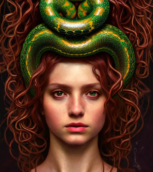 Image similar to portrait of alopecia spanish teen medusa, snakes grow from her head, wearing an embroidered rusty tunic, dark background, intricate, elegant, copper and emerald jewelry, glowing lights, highly detailed, digital painting, artstation, concept art, smooth, sharp focus, illustration, art by wlop, mucha, artgerm, and greg rutkowski