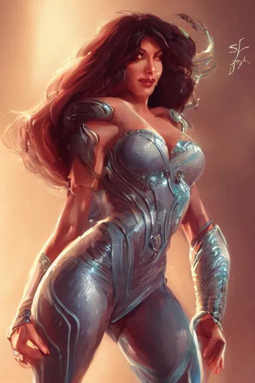 Image similar to three quarters portrait pose of a beautiful woman, strong body,super heroine costume,super powers, fantasy, intricate, elegant, highly detailed, digital painting, artstation, concept art,shining, sharp focus, illustration, art by Stanley Lau