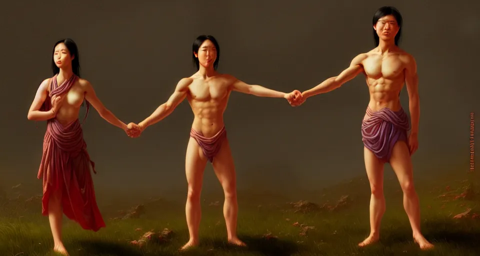 Prompt: young asian fit male and female, small cloths, holding each other hands, by kyu yong eom thomas cole and wayne barlowe, 8 k, high detail, fantasy art, dnd, artstation,