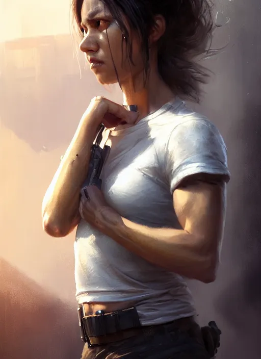 Image similar to epic portrait cinematic shot an female survivor wearing a white t shirt and a military vest, flowing hair, sweaty skin, fine details. night setting. realistic shaded lighting poster by craig mullism, artgerm, jeremy lipkin and michael garmash, unreal engine, radiant light, detailed and intricate environment, digital art, trending on art station,