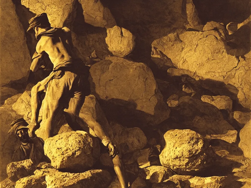 Prompt: Worker of the gold mines pushing a boulder. Night. Painting by Georges de la Tour, Sebastiao Salgado