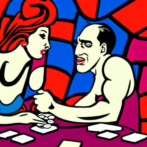 Prompt: nicholas cage arm wrestling with an octopus in a casino, pop art, roy lichtenstein style